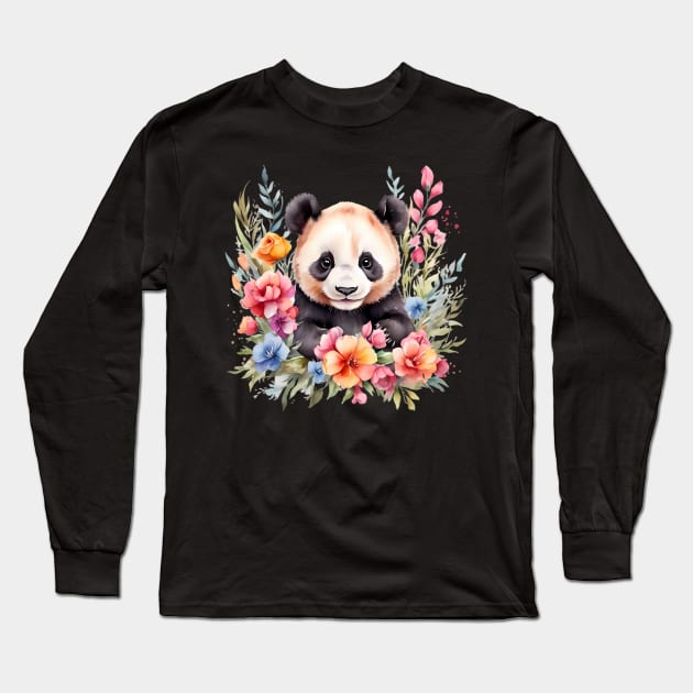 A panda bear decorated with beautiful watercolor flowers Long Sleeve T-Shirt by CreativeSparkzz